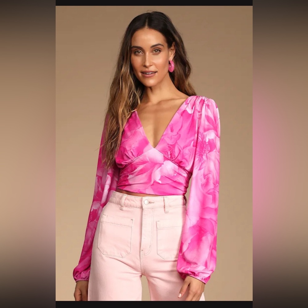 Lulu's Pink Floral Wrap Long-Sleeve Crop Top
